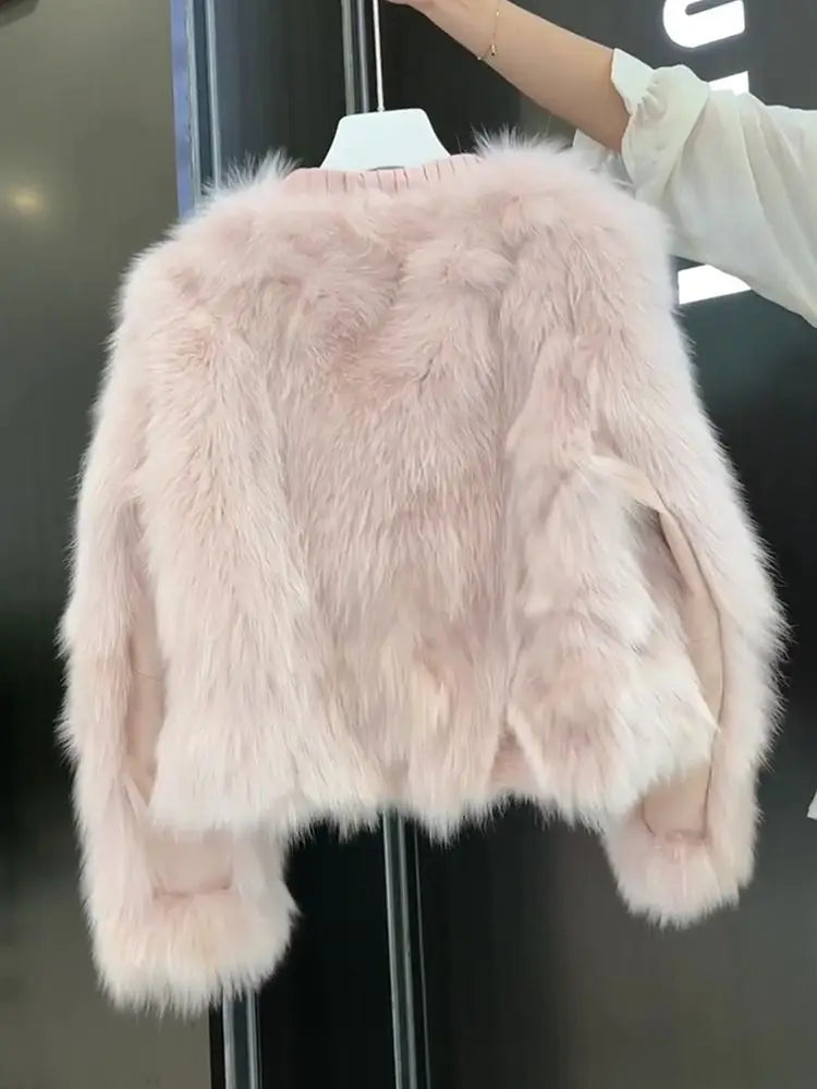 Winter Pink Eco-Friendly Fox Hair Women's Short Fringed Edge Design Age-Reducing Jacket Furry Top Faux Fur jacket For Lady
