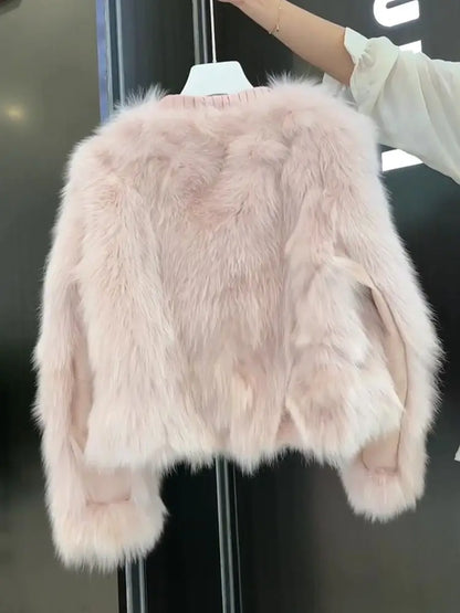 Winter Pink Eco-Friendly Fox Hair Women's Short Fringed Edge Design Age-Reducing Jacket Furry Top Faux Fur jacket For Lady