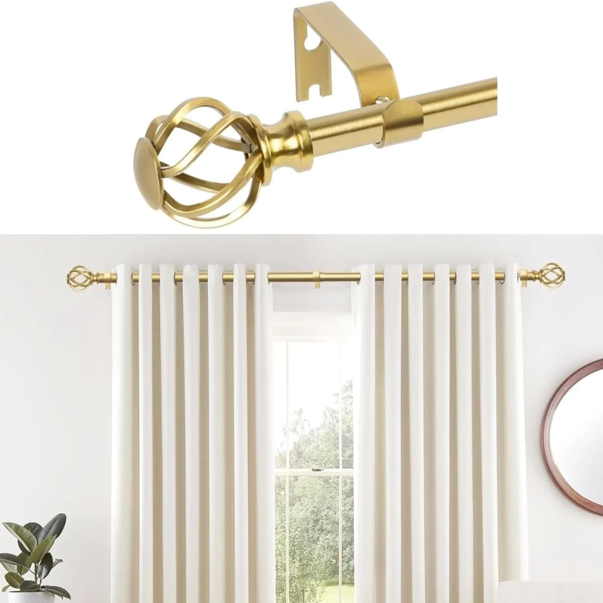 1PC Gold Curtain Rod with Twisted Cage Finials, 3/4" Adjustable Heavy Duty Window Treatment Rods for Living Room, Bedroom