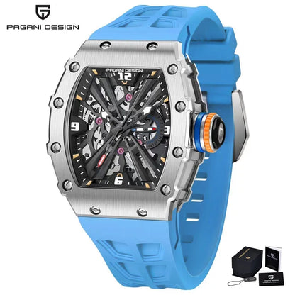 PAGANI DESIGN Men's Quartz Watch Tonneau Hollow Dial Luminous 50M Waterproof Sports Silicone Strap Luxury Watch Reloj Hombre