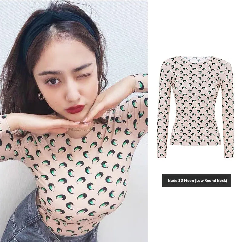 Ice Silk Two Piece Set Womens Sun Protection Clothes Long Sleeve Moon Print Top and Pants American Retro Sexy Autumn New