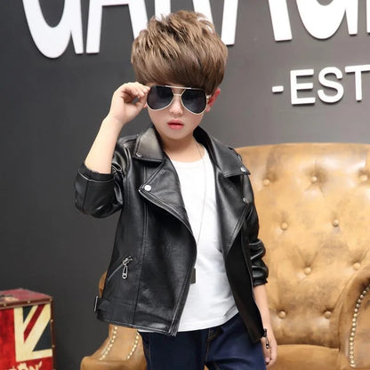 3-12 Years Old Girls Faux Leather Jacket Children PU Coat Long Sleeve Zip Belt Locomotive Jacket Stylish Teen Kids Boys Jackets