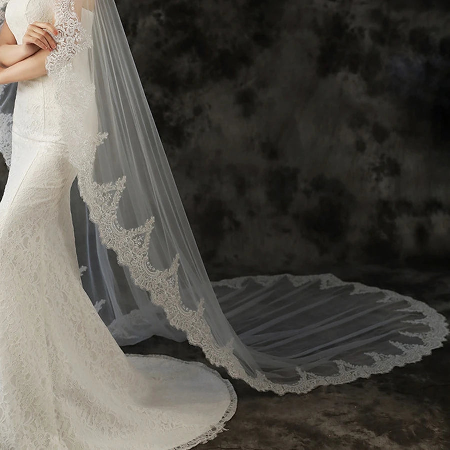 New Arrival White Ivory Edge Lace Bridal veil 3 Meter Long Cathedral Wedding veils 2026 Boda velo de novias