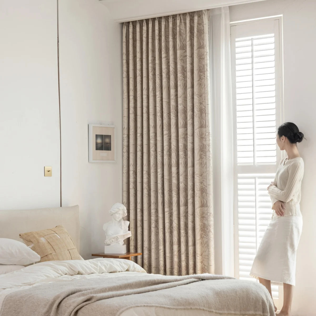 French Scandinavian Style Printed Bedroom Hooks, Perforated Curtains, Full Blackout Sun Protection Cloth