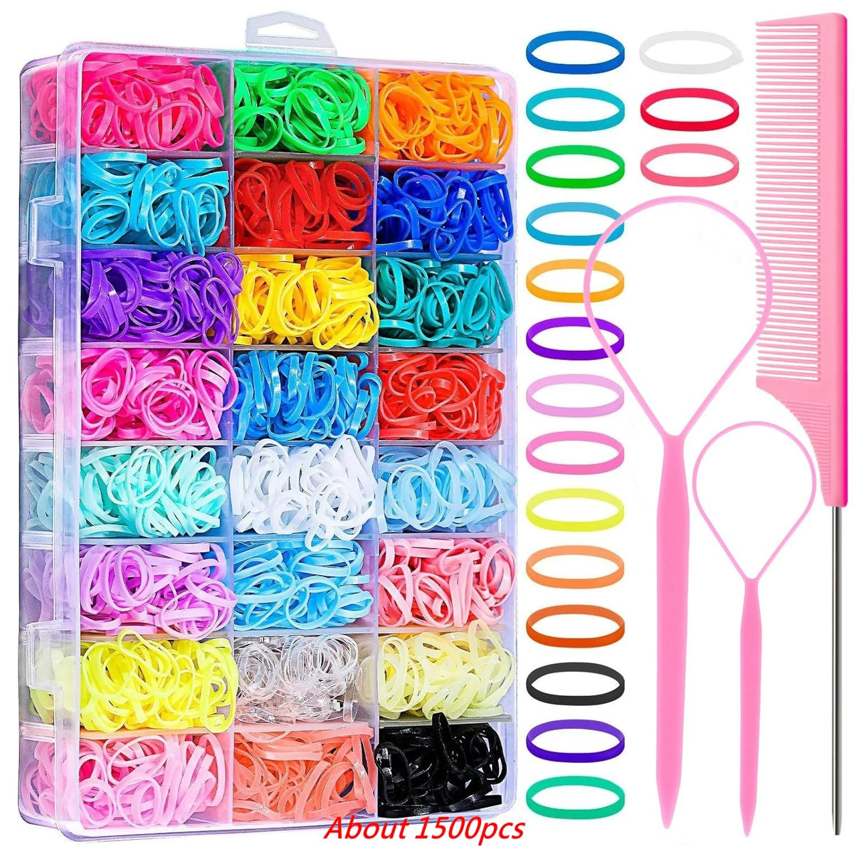 24-Color Hair Ties 1500Pcs Boxed Hair Ties Hair Extractor Hair Needle Pointed Tail Comb Hair Braiding Tools