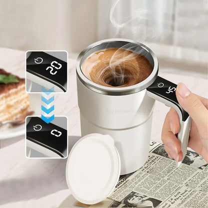 Automatic Stirring Mug with LED Temperature Display, Rechargeable Magnetic Coffee Cup with Lid - 12oz for Home or Office.