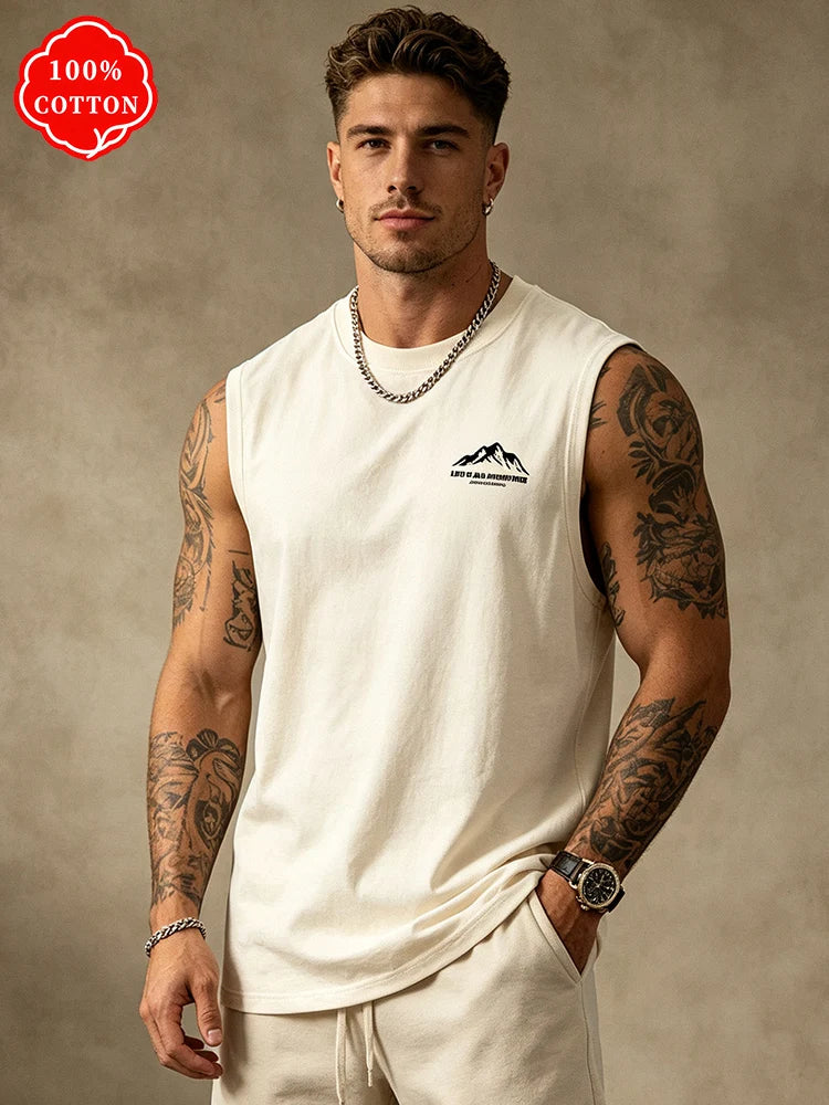 100% cotton men's summer sleeveless top Minimal Mountain Graphic Sleeveless Tee Soft Cotton Daily Wear Streetwear Tank Vest-T76