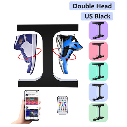 Double Headed Shoe Display Magnetic Levitating Sneaker Rack With Colorful Lights 360 Degree Rotation Remote Controlled Shoe Rack