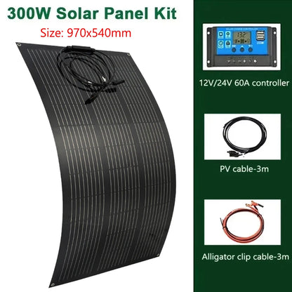 300W 600W Flexible Solar Panel With 60A Solar Regulator Cable For 12V Battery Charger Home Roof Outdoor Camping Car RV Boat