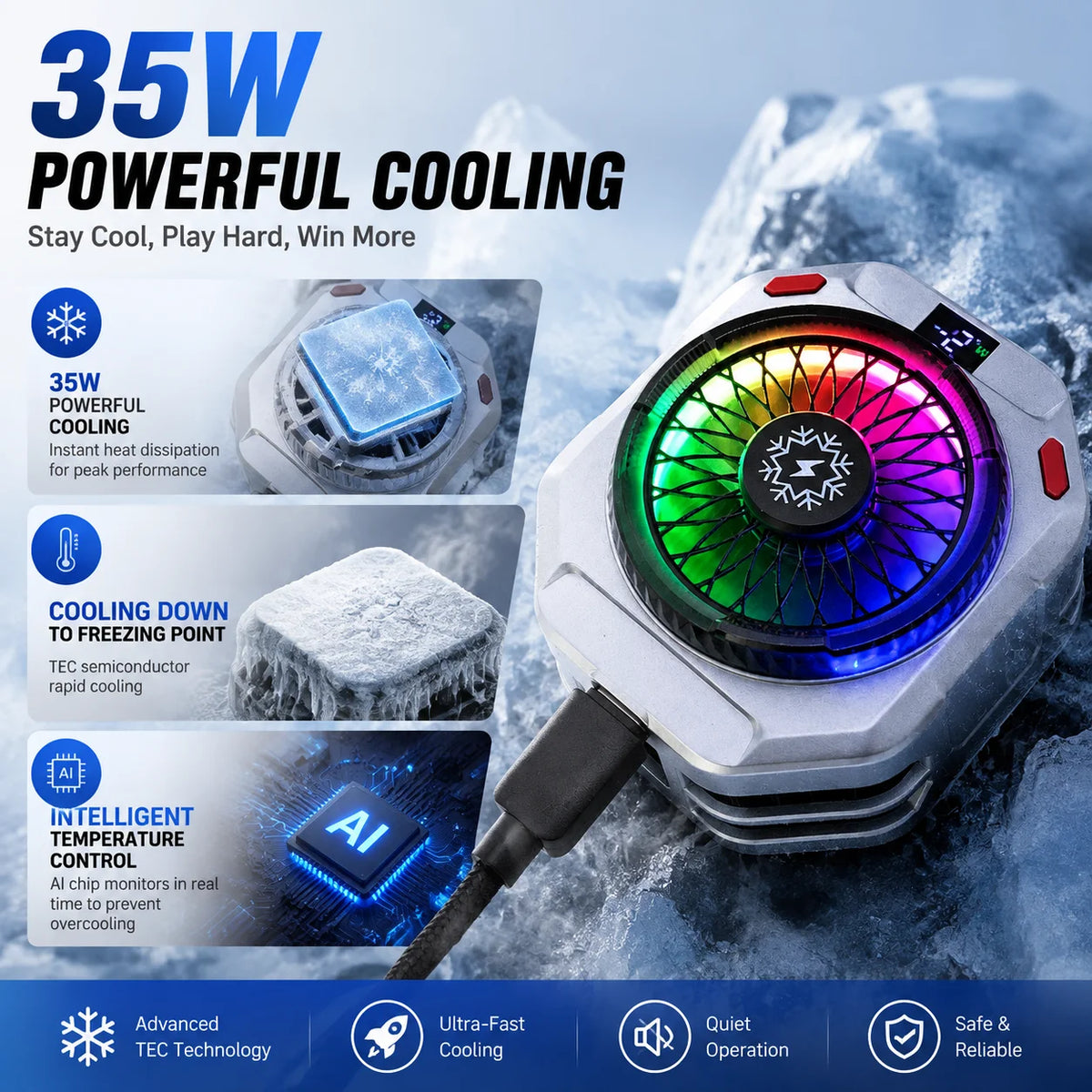 TH28 Pro Semiconductor Phone Cooler 35W Powerful Cooling Smart Temperature Control 5 Adjustable Modes RGB Lights Extreme Cooling