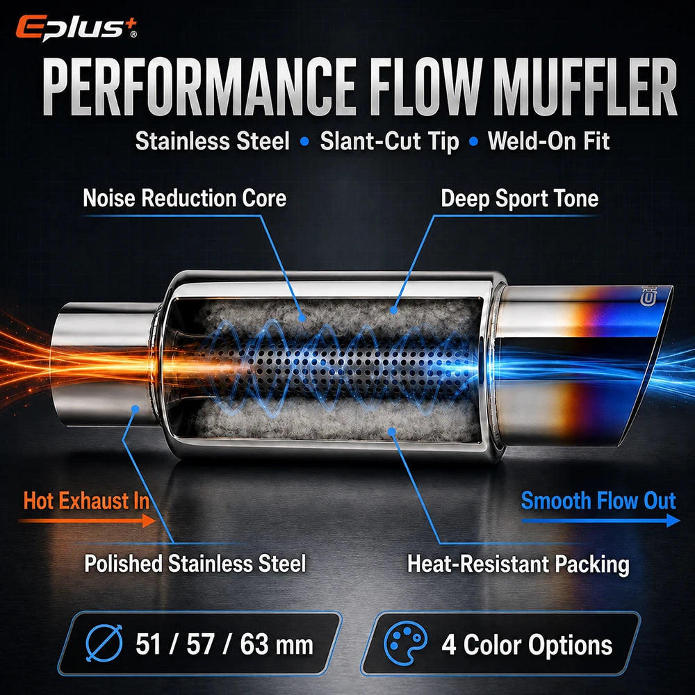EPLUS Universal Car&Motorcycle Stainless Steel Exhaust Muffler Slant Cut Tip Car Exhaust Resonator 51/57/63mm Inlet
