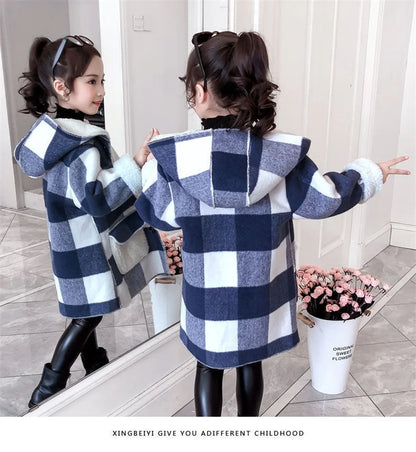 Winter Girls Lamb Fleece Coat Warm Hooded Outerwear Fashion Woolen Long Coat Children Clothing Teeange Girls Jackets 4-12Y