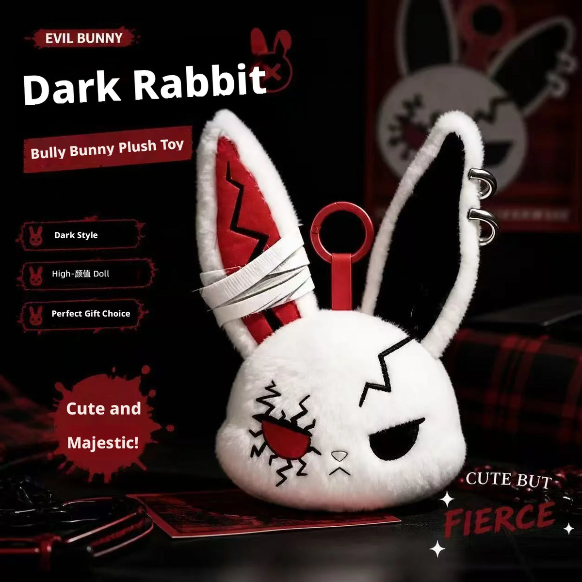 HOT Gothic Bunny Plush Keychain RabbitBag Charm with Bandage Desian Kawaii Key Ring Pendant Car Bag Ornament Halloween gifts