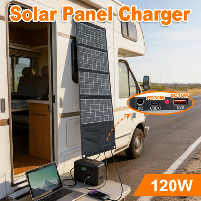 Leaorld 120W Solar Panel 12V Battery Charger, Foldable QC3.0 PD3.0 Solar Phone Fast Charger, Clips, Power Station, RVs, Camping