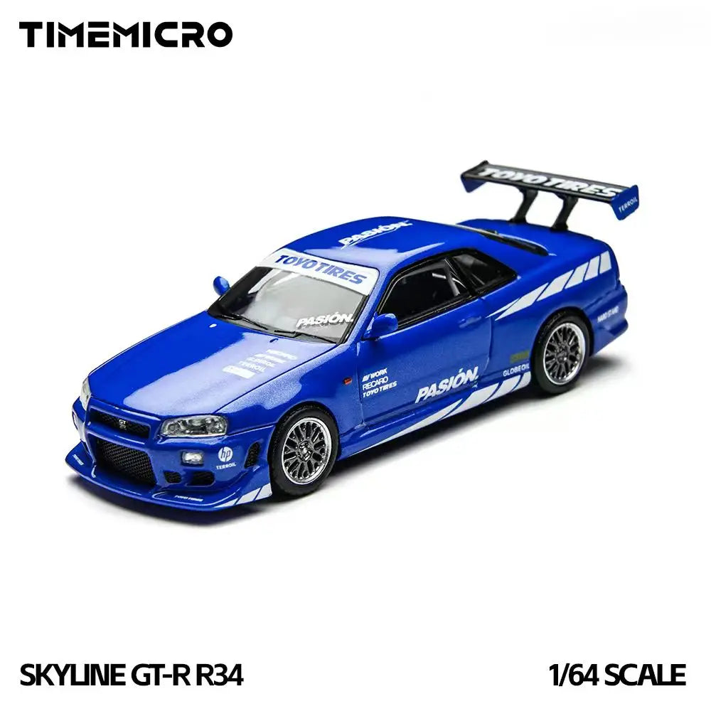 TimeMicro1:64 Skyline GT-R R34 Simulation Alloy Vehicle Model Passion Blue Diecast Car For Collection Display Gift
