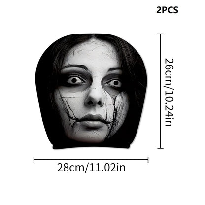 2Pcs Universal Elastic Halloween Horror Face Car Headrest Covers Soft Polyester Washable Dustproof Protective Decorative Sleeve