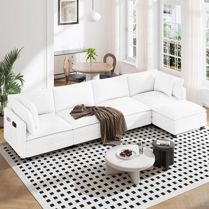 143" L Shape Modular Sectional Sofa Corduroy Upholstery Cloud Living Room 3 Seat Movable Ottoman Pillows Dark Grey Custom