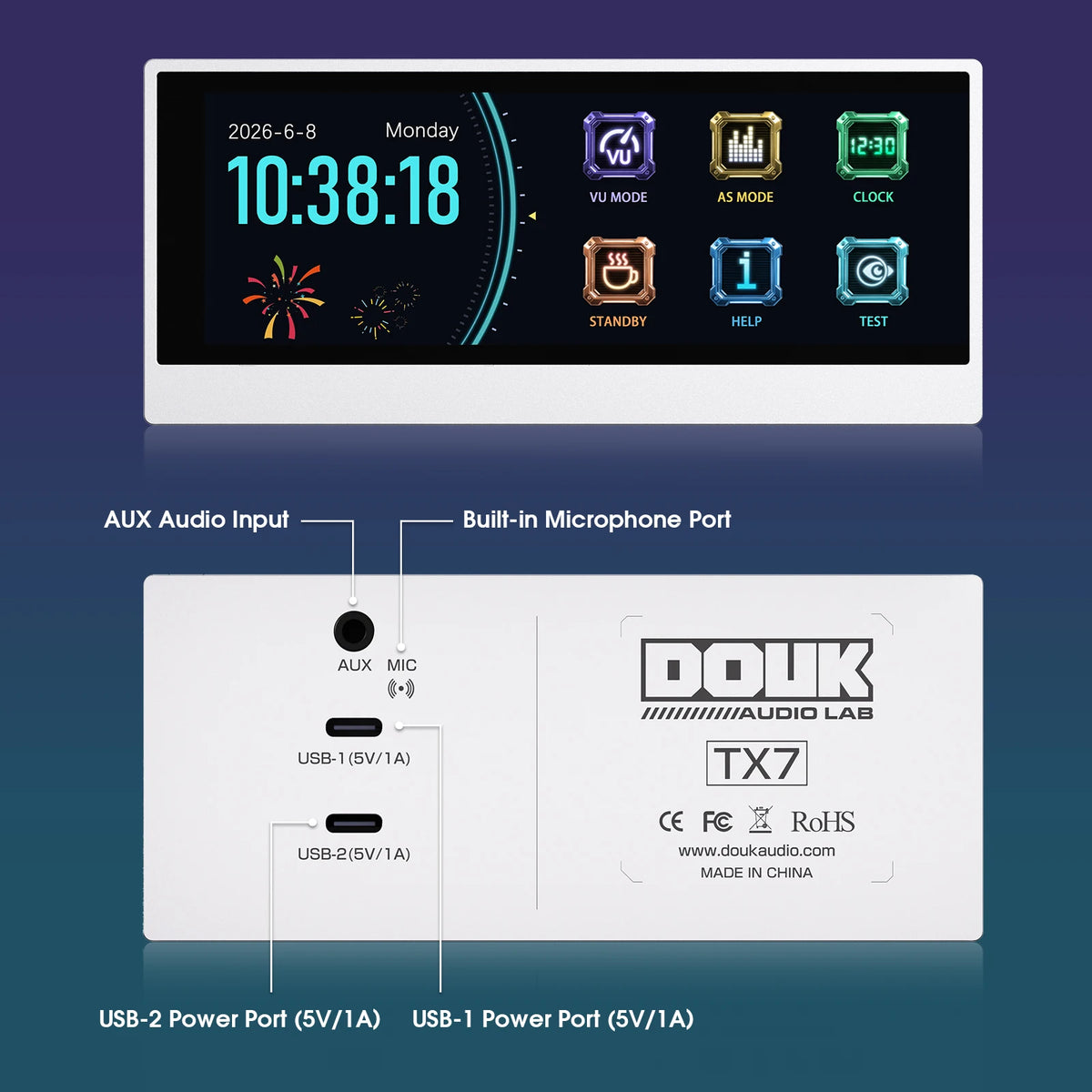 Douk Audio Lab TX7 VU Meter Audio Spectrum Visualizer Digital Desk Clock AUX MIC Pickup Desktop Decor for Audiophile Home Studio