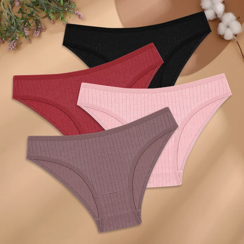 4Pcs/Set Cotton Panties Women Striped Solid Color Briefs Sexy Low-Waist Breathable Underpants Ladies Soft Stretch Lingerie M-XL