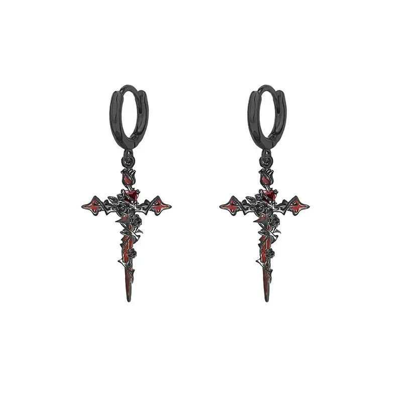 Punk Thorn Rose Cross Earrings Sweet Cool Dark Style Earring Pendant Necklace Party Halloween Jewelry