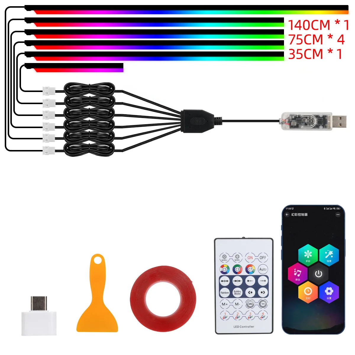 10 in 1 Car Interior Acrylic LED Ambient Lights 140cm 110cm For Tesla USB APP Remote Control RGB Symphony Atmosphere Lamp