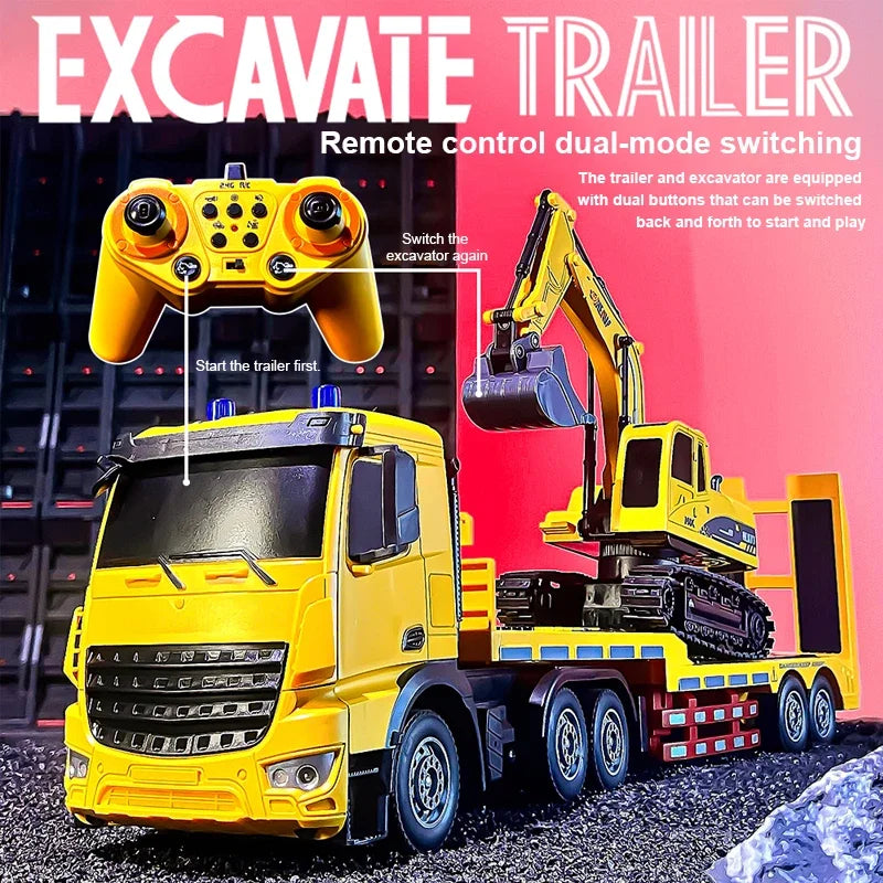 1/12 Rc Flat Truck with Excavator 11Ch Alloy Engineer Vehicle 2.4G Remote Control Car Radio Controlled Trailer Toys for Boy