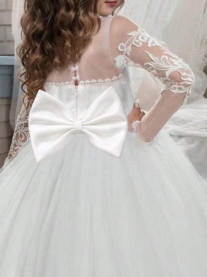 Lace Embroidered Tulle Long-Sleeved Children's Train Flower Girl Dress