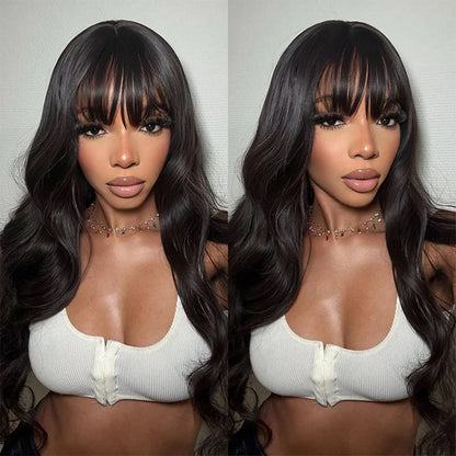 15A Glueless Body Wave Wig With Bangs Brazilian Women's Human Hair Wig Without Glue 3*1 Lace Wig With Bangs Loose Body Wave Wig