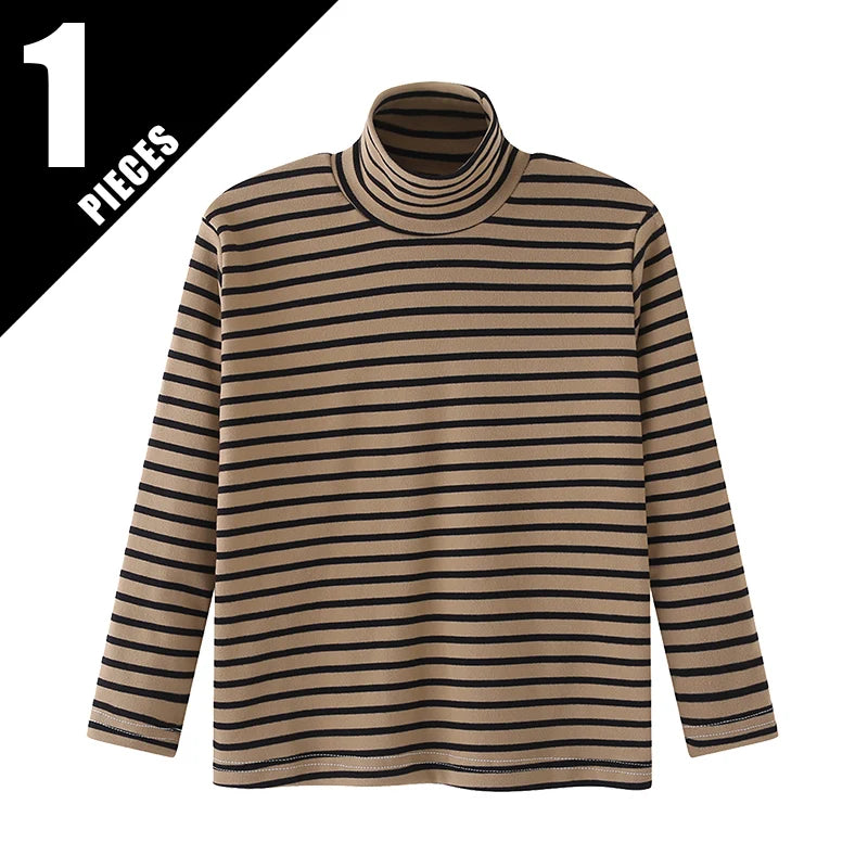 Autumn And Winter Children's Fashion Striped High Neck Long Sleeved Base Shirt Boys' Casual Sports Top Girls' Versatile Warm T