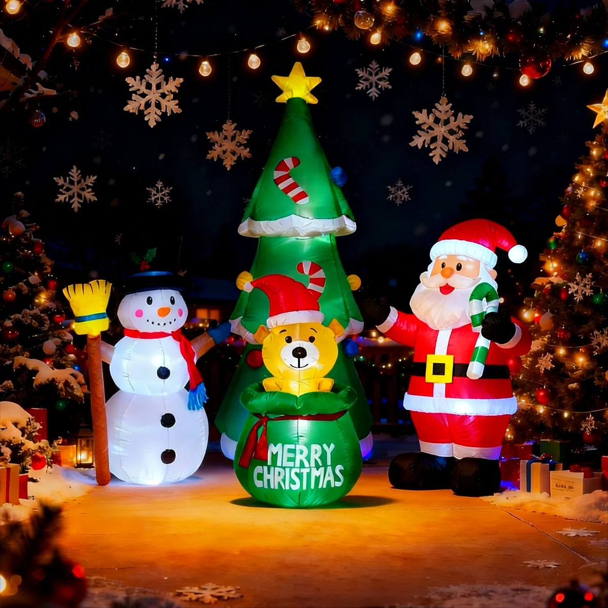 Christmas Inflatable Decorations - Branch Snowman, Santa Claus, Gingerbread Man, Gift Bag Snowman LED Light Lawn Decorations