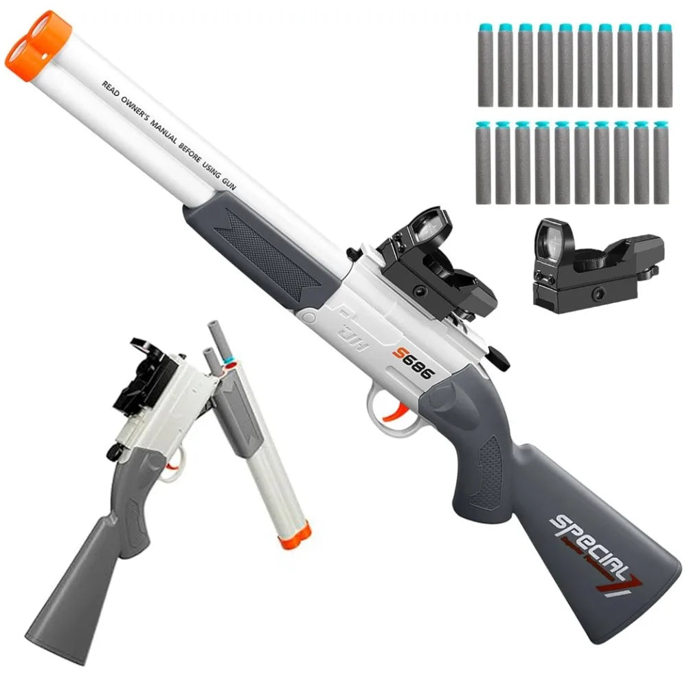 S686 Double Barrel Shotgun Toy with Scope & Soft Bullets Manually Loaded Gun Outdoor Hunting Shooting Game Christmas Gift