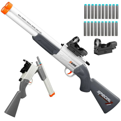 S686 Double Barrel Shotgun Toy with Scope & Soft Bullets Manually Loaded Gun Outdoor Hunting Shooting Game Christmas Gift