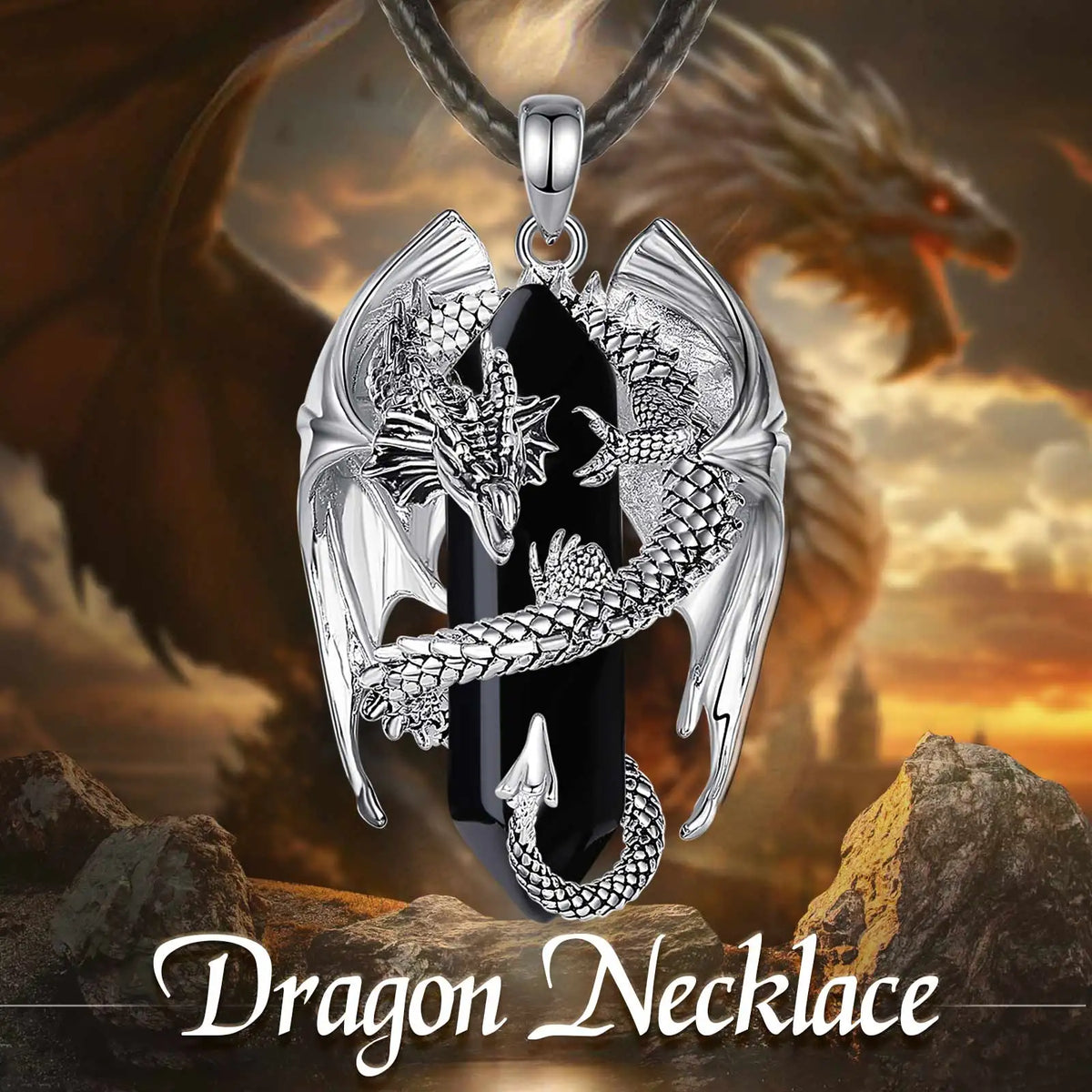 Eudora Dragon Twining Hexagonal Obsidian Prismatic Necklace Punk Healing Stone Crystal Pendant Personality Jewelry Gift for Man