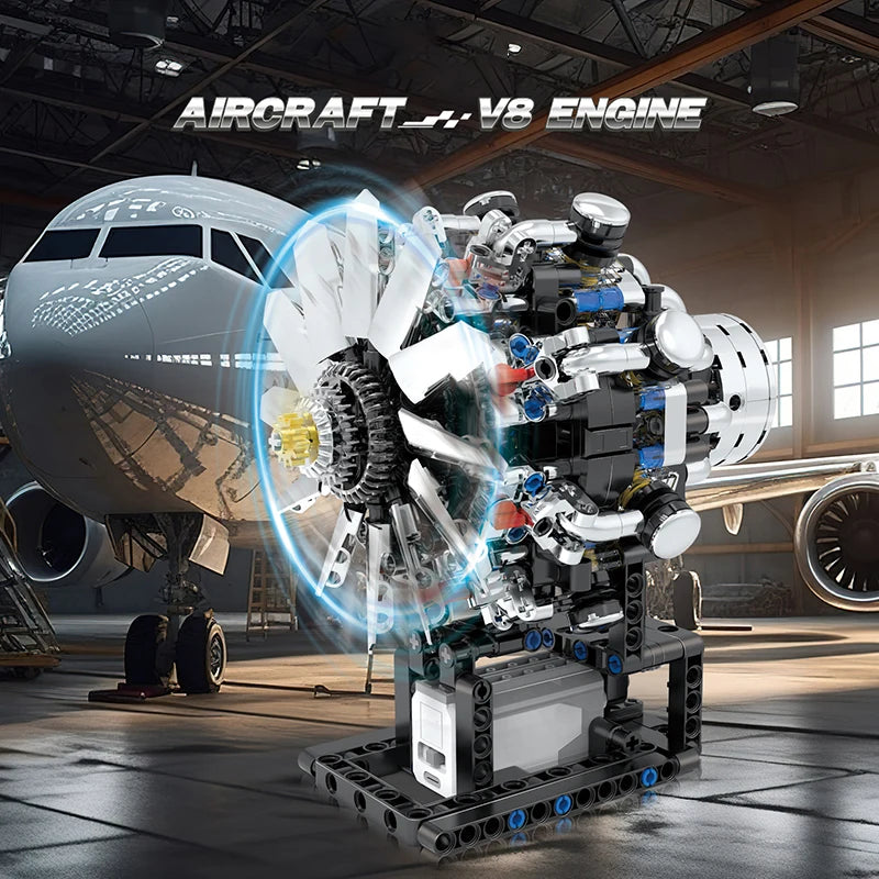 Aircraft V8 Engine Motorized Simulation Model Electrically Drive Technical Blocks DIY Building Toys Gifts Adult Bricks Sets