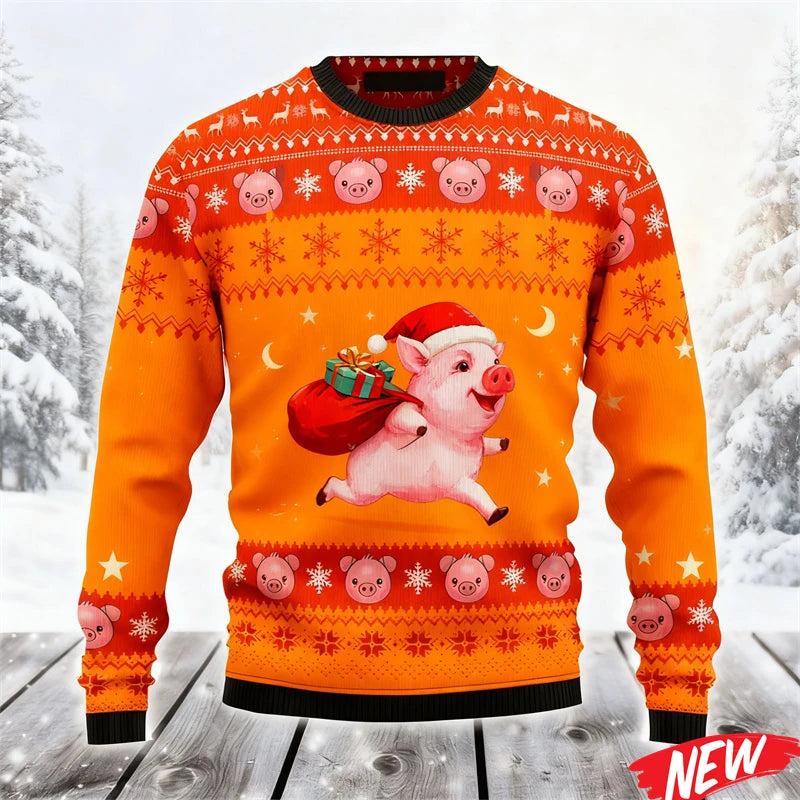2026 Ugly Christmas Sweater For Men Cute Animal Pig Pattern Oversized Sweatshirt Family New Year Holiday Round Neck Hoodie