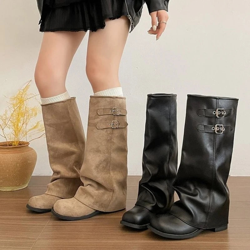 French Chic Women Foldover Knee High Boots Slouchy Wedge Slip On Shoes Black Khaki Round Toe Buckle Strap Moto Boots