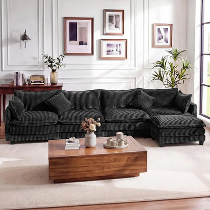 143" L Shape Modular Sectional Sofa Corduroy Upholstery Cloud Living Room 3 Seat Movable Ottoman Pillows Dark Grey Custom