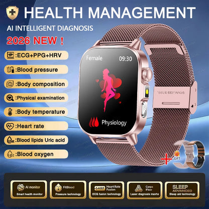 2026 New ECG+PPG Health AI Diagnosis Analysis Smart Watch Blood Lipid Uric Acid Tracker Clock NFC Bluetooth Call Watch Men Women