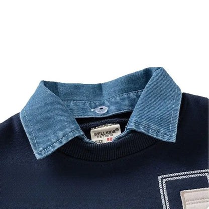 1-8Y Autumn Winter Boys Sweatshirt Fleece Lined Kid's Fake Two-Piece Child's Clothing Korean Style Cotton Kids Pullover Top