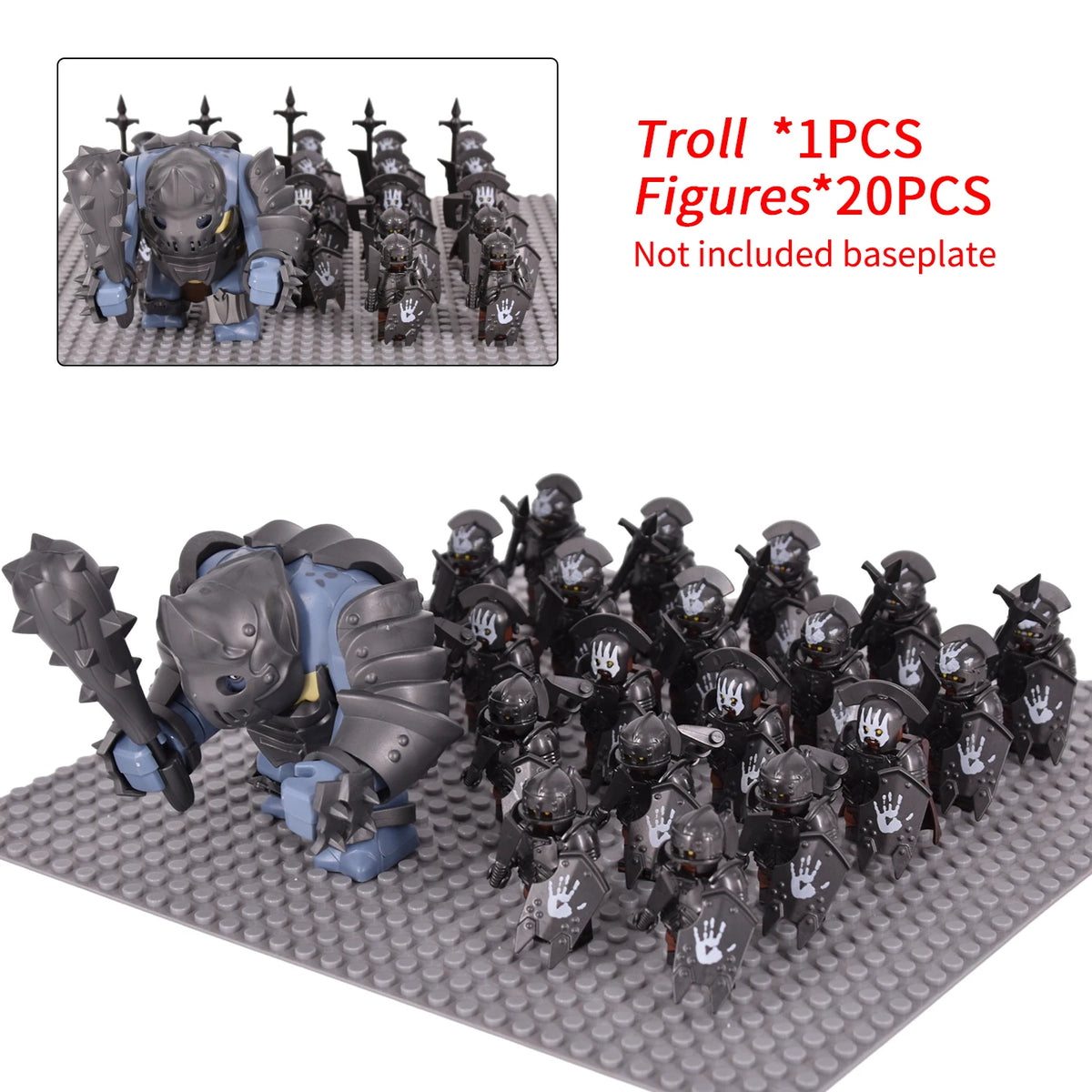 Orc Warrior Block Figures Set, Giant Troll Monster + 20Pcs Armored Soldier Models, Fantasy Army Building Bricks, Detailed Armor