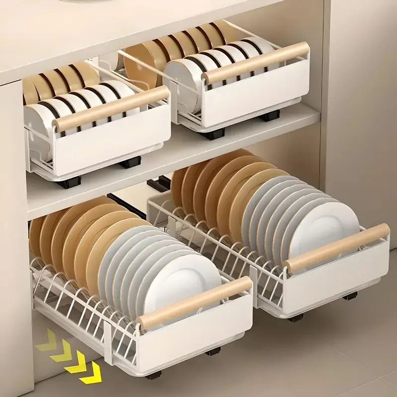 Pull-Out Kitchen Storage Rack - Carbon Steel Dish Rack with Sliding Drawers for Dishes, Cutlery, and Condiment Storage Organizer