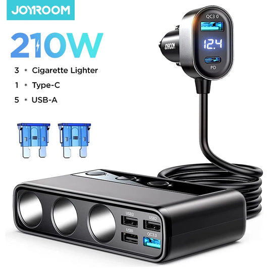 Joyroom 210W 9 in 1 Car Charger Adapter PD 3 Socket Cigarette Lighter Splitter Charge Independent Switches DC Cigarette Outlet