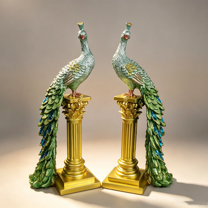 Luxury Couple Peacock Statue Resin Sculpture Gold Column Bird Figurine Home Decor Elegant Living Room Desk Ornament Gift