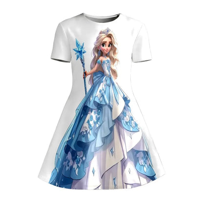 Girl Ice Princess Printed T-shirt Dress, Blue and White Fairy Tale Children's Party Casual Dress Suitable for Birthday Gifts