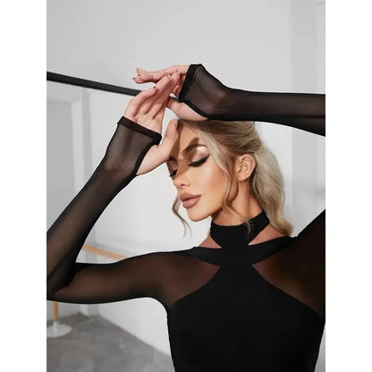 Adult Latin Dance Leotard Top for Women Black Mesh Jumpsuits Backless Cha-cha Samba Conjoined Body Training Performance Costume
