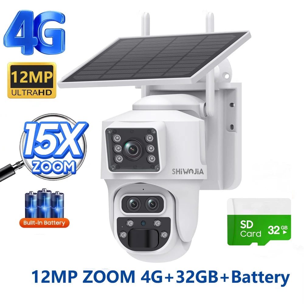 SHIWOJIA 15X ZOOM Solar Camera 4G 12MP Three Lens 360° View 5W Solar Panel Security Outdoor PTZ IP Camera 7800mAh Battery UBOX