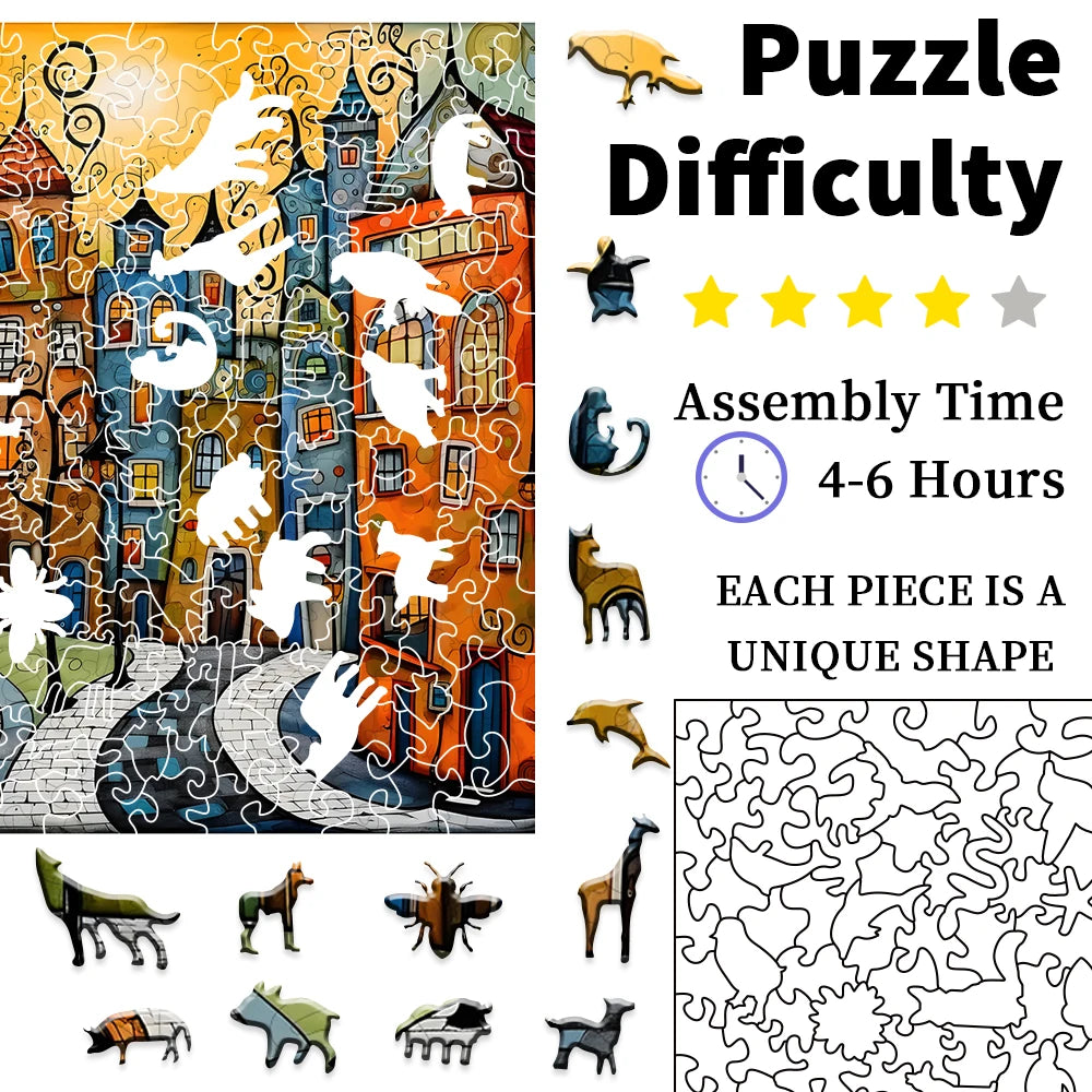 Unique Cartoon City Wooden Puzzle - Creative Irregular Shape Christmas, Birthday, and Holiday Perfect Gift  Suitable for Friends