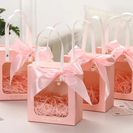 5/10/20pcs/set Pink Christmas Gift Packaging Bag Transparent Window Paper Box DIY Chocolate Wedding Birthday Handheld Gift Pack