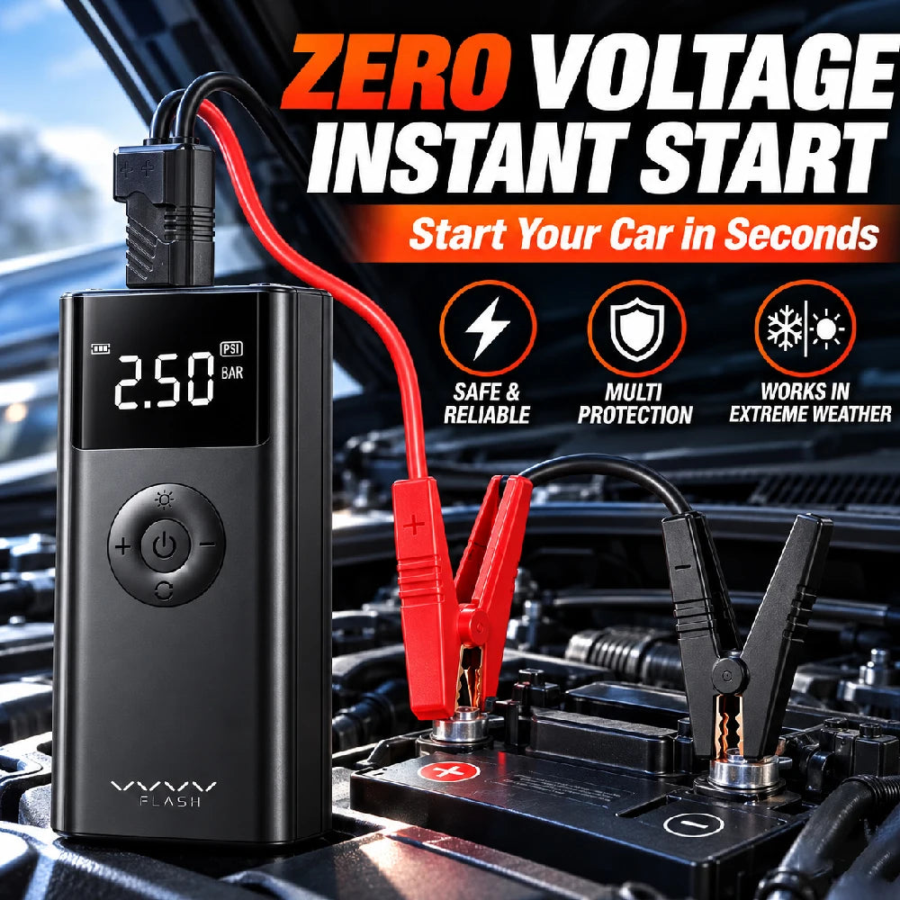 Vyvylabs 12V Car Jump Starter with Air Compressor 600A Peak 150PSI Tire Inflator Power Bank LED Lights Portable Battery Booster