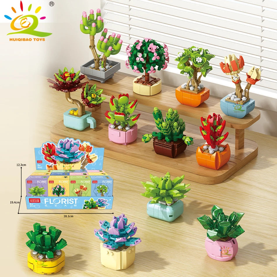 HUIQIBAO MOC Flower Succulent Potted Model Building Block DIY Eternal Bouquet Home Desk Plant Decor Brick Girl Gift Children Toy